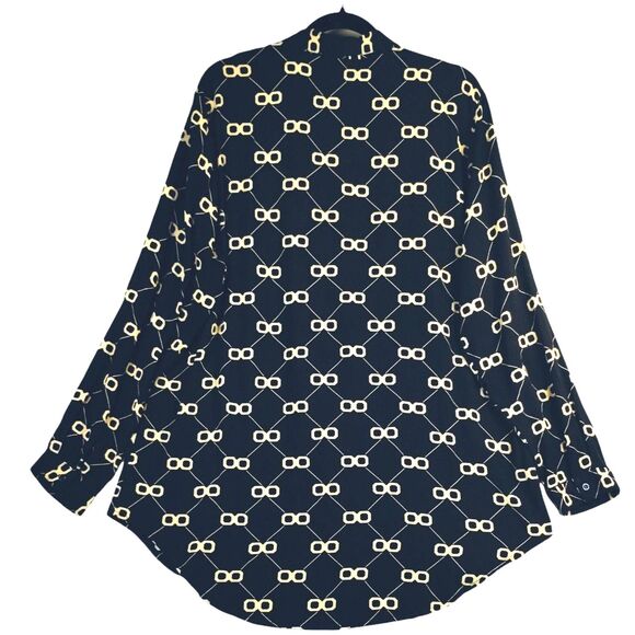 LBB Blouse Women's L Long Sleeve Button Up Cotton Black Tan Graphic 100% Cotton - Picture 2 of 10